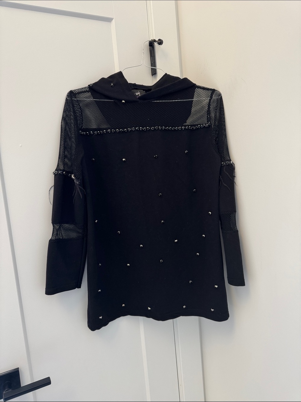 Black Embellished Mesh Hoodie Top - Women